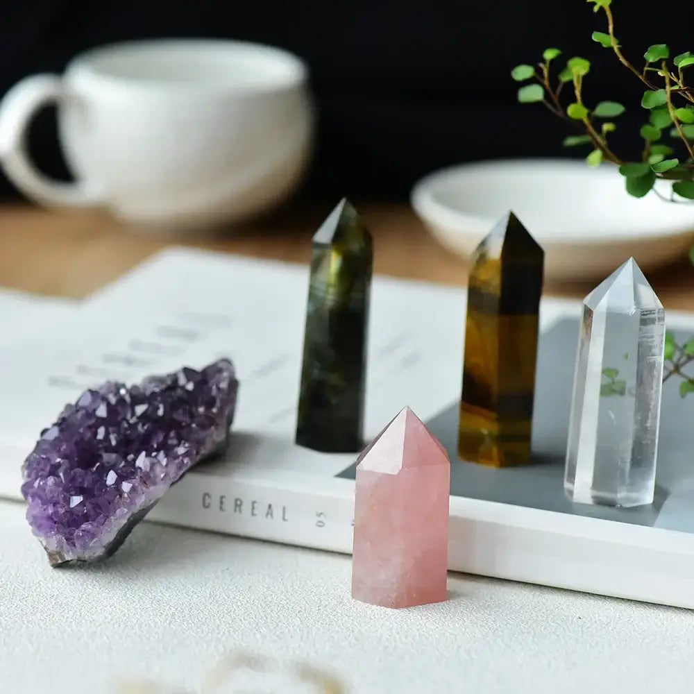 1set Natural Rose quartz Hexagonal Column amethyst cluster Healing Wand Mineral Crystal point Study Home Decoration