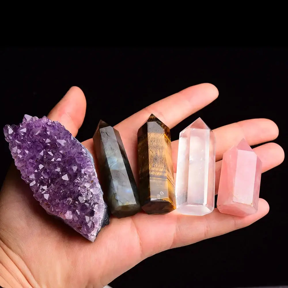 1set Natural Rose quartz Hexagonal Column amethyst cluster Healing Wand Mineral Crystal point Study Home Decoration