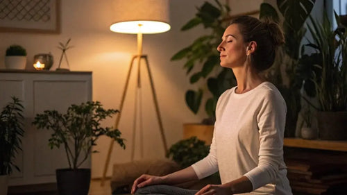 Person in a white sweater meditating in a seated position.