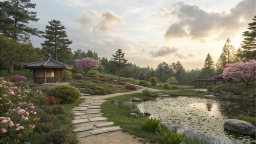 Tranquil Japanese garden with a stone path leading to a traditional pavilion beside a lily pond.