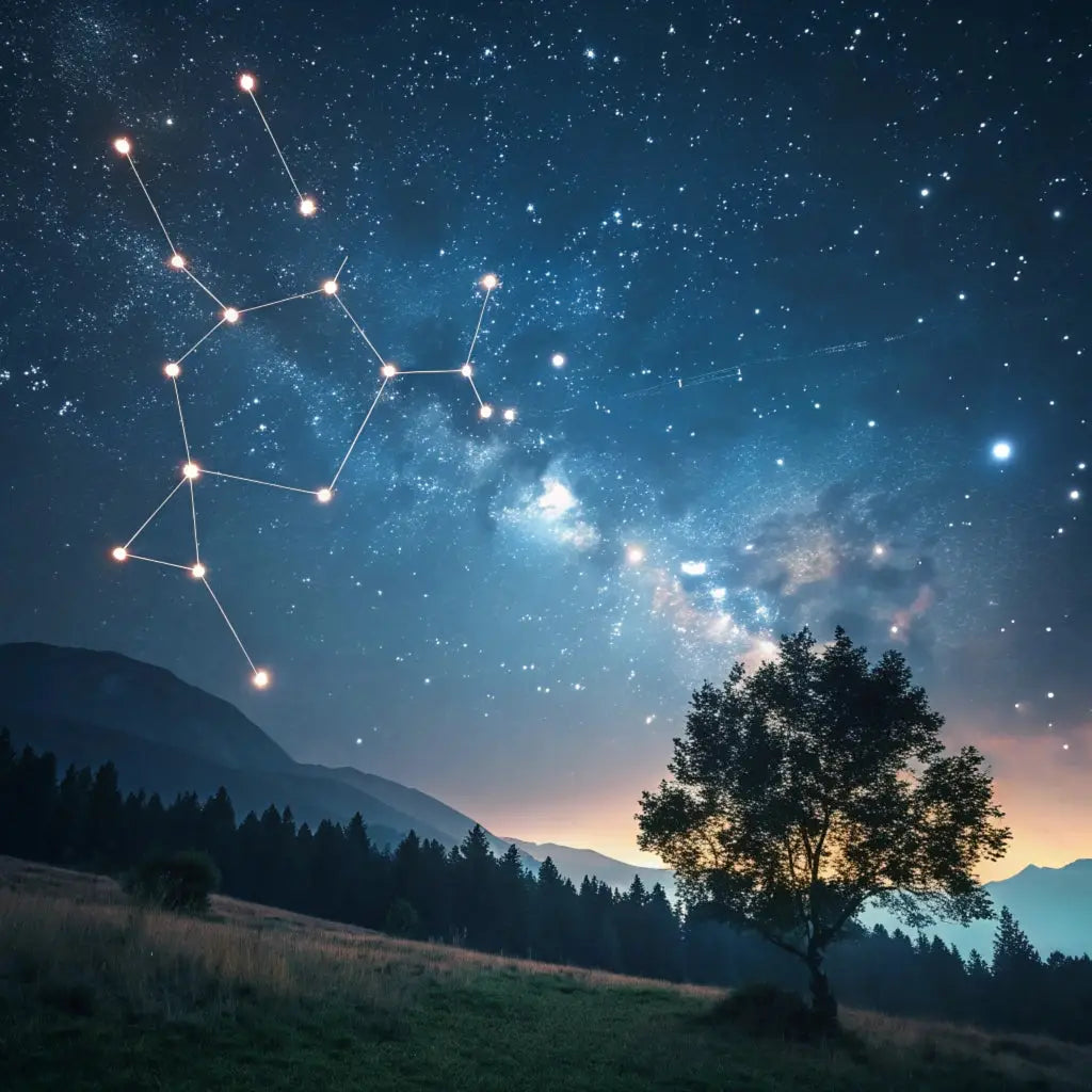 Serene nighttime scene featuring a clear starry sky with a prominent constellation shining brightly, set against a peaceful landscape with subtle silhouettes of trees and hills