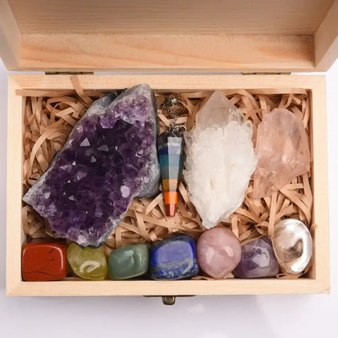 11-Piece Chakra Healing Crystal Set in Wooden Box - Gem Pack