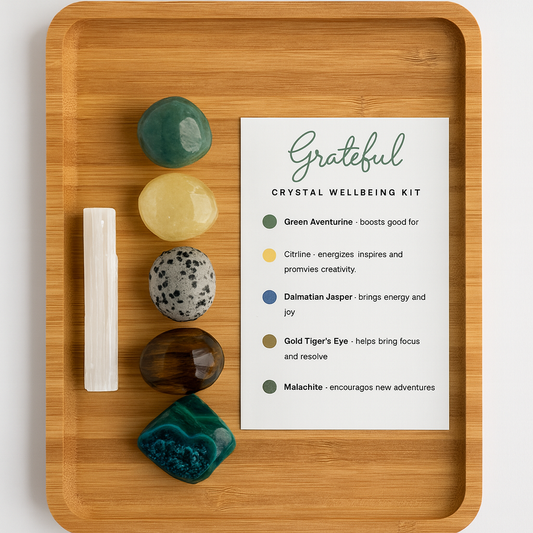 Grateful Crystal Kit | Positivity, Prosperity & Manifestation | Aventurine, Citrine, Jasper, Tiger’s Eye, Malachite, Selenite