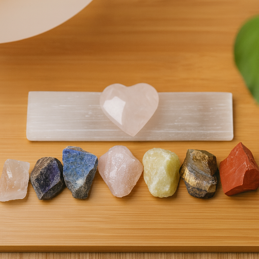 Meditation, Energy Manifestation | Raw Chakra Crystal Kit  | 7 Raw Healing Stones + Selenite & Rose Quartz Heart