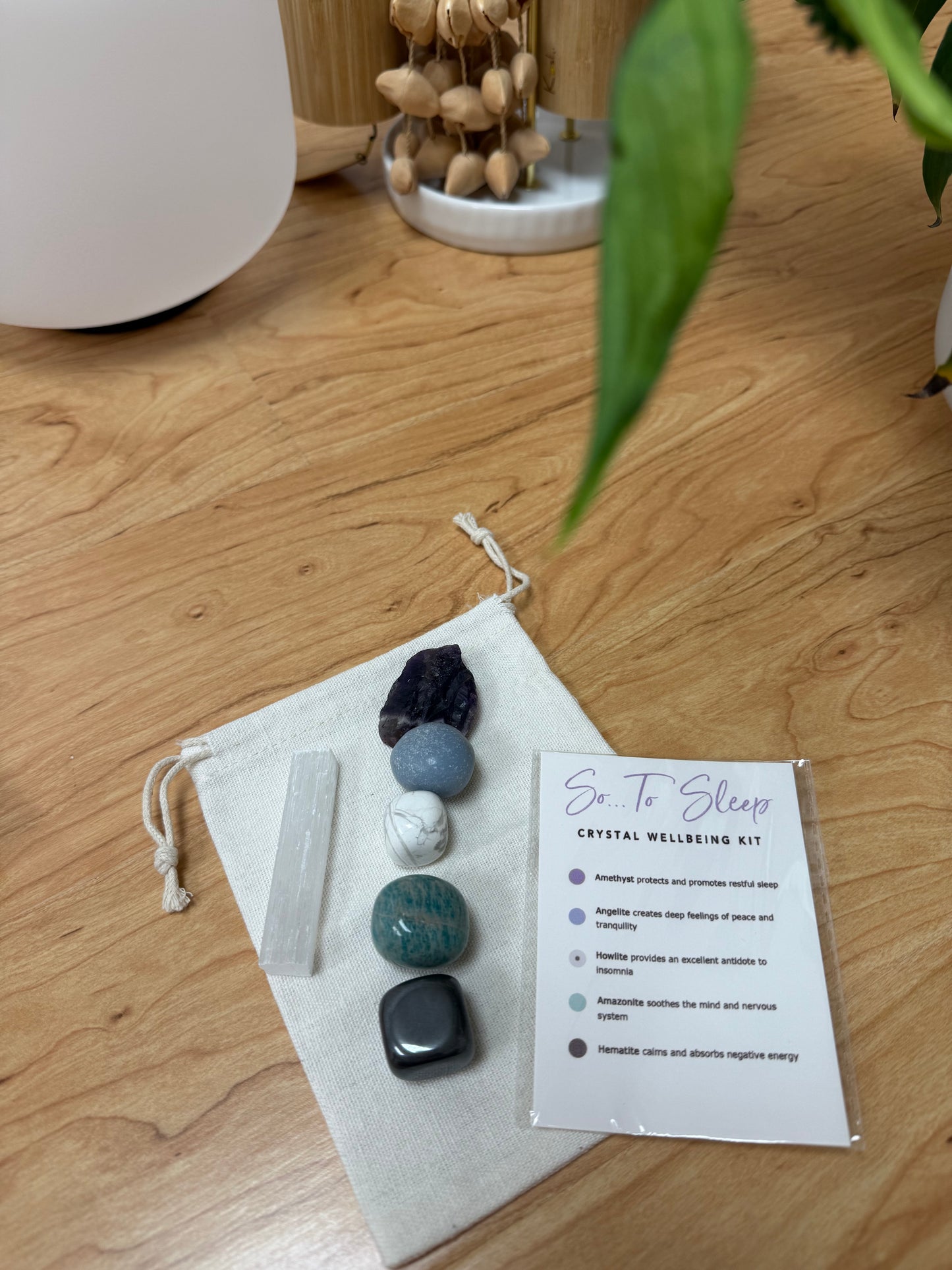 Restful Sleep, Peace & Healing Crystal Kit: Amethyst, Angelite, Howlite, Amazonite, Hematite, Selenite