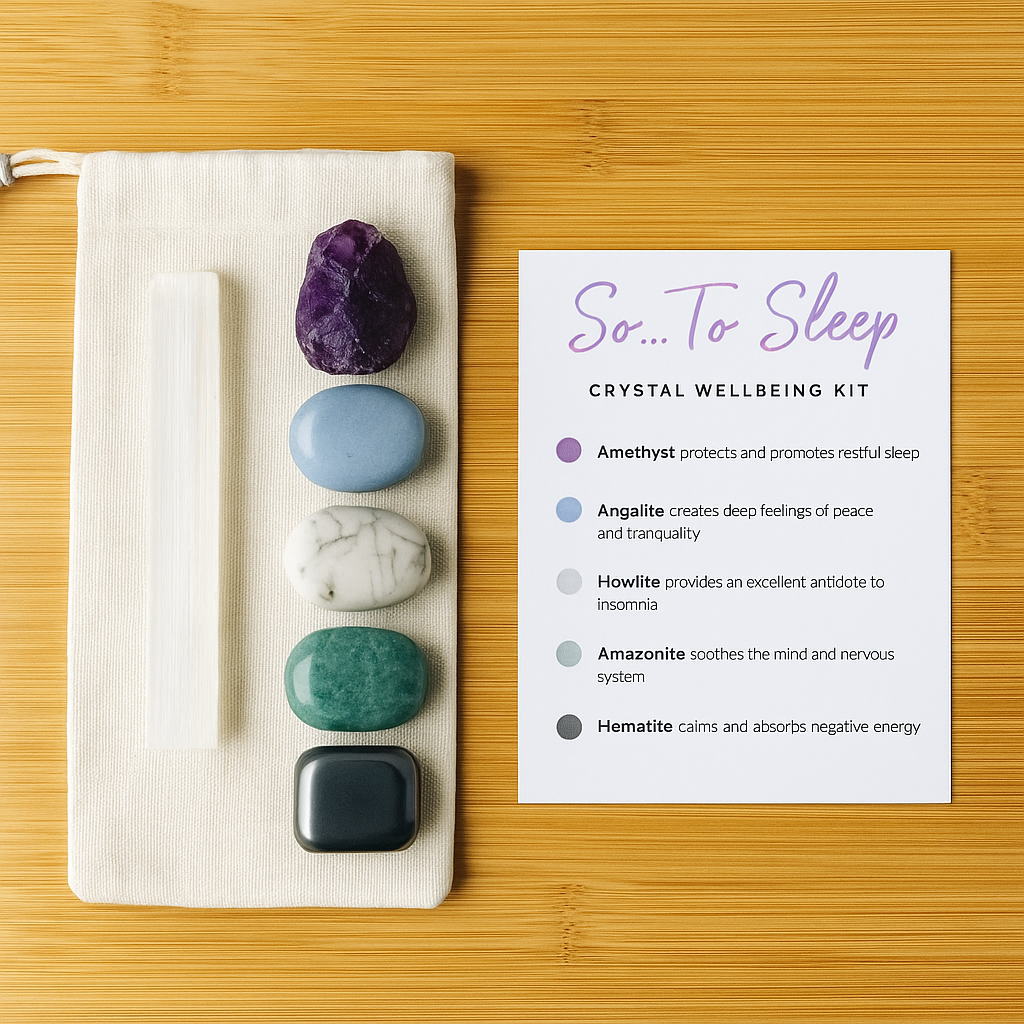 Restful Sleep, Peace & Healing Crystal Kit: Amethyst, Angelite, Howlite, Amazonite, Hematite, Selenite