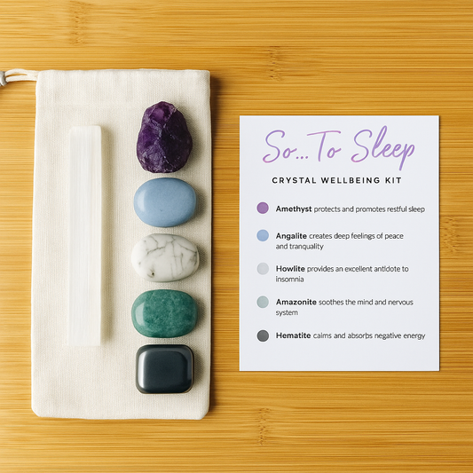 Restful Sleep, Peace & Healing Crystal Kit: Amethyst, Angelite, Howlite, Amazonite, Hematite, Selenite