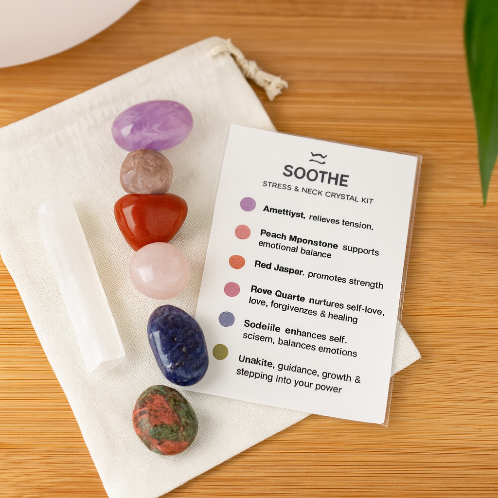 Stress Relief & Emotional Balance | Soothe Crystal Kit | Amethyst, Rose Quartz, Moonstone, Red Jasper, Sodalite, Unakite