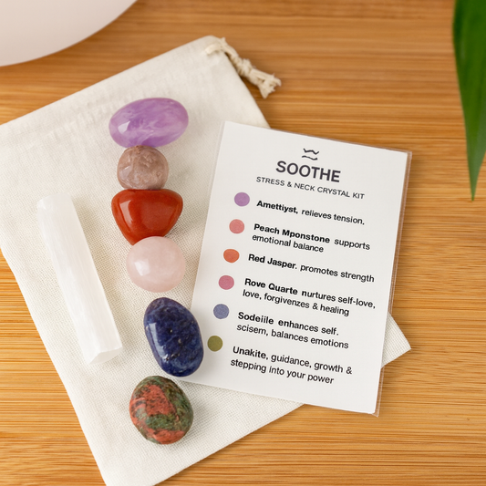 Stress Relief & Emotional Balance | Soothe Crystal Kit | Amethyst, Rose Quartz, Moonstone, Red Jasper, Sodalite, Unakite