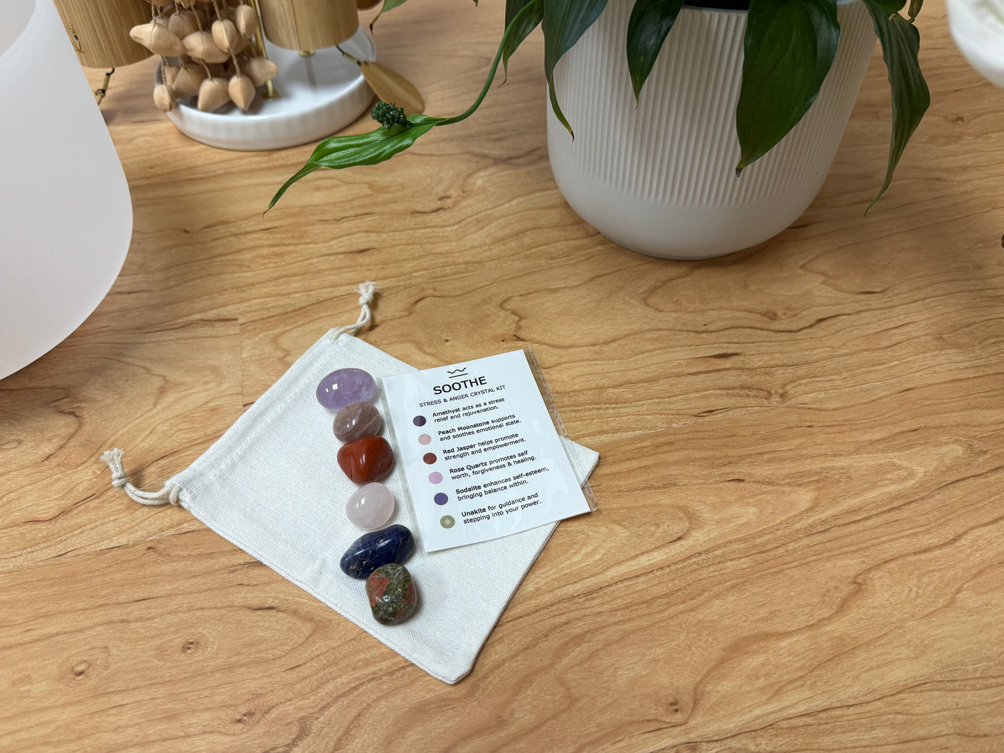 Stress Relief & Emotional Balance | Soothe Crystal Kit | Amethyst, Rose Quartz, Moonstone, Red Jasper, Sodalite, Unakite