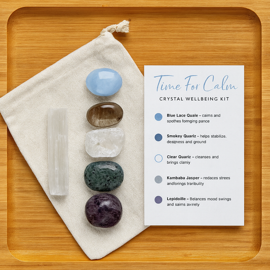 Stress Relief & Anxiety Support | Time For Calm Crystal Kit | Blue Lace Agate, Smokey Quartz, Clear Quartz, Jasper, Lepidolite, Selenite