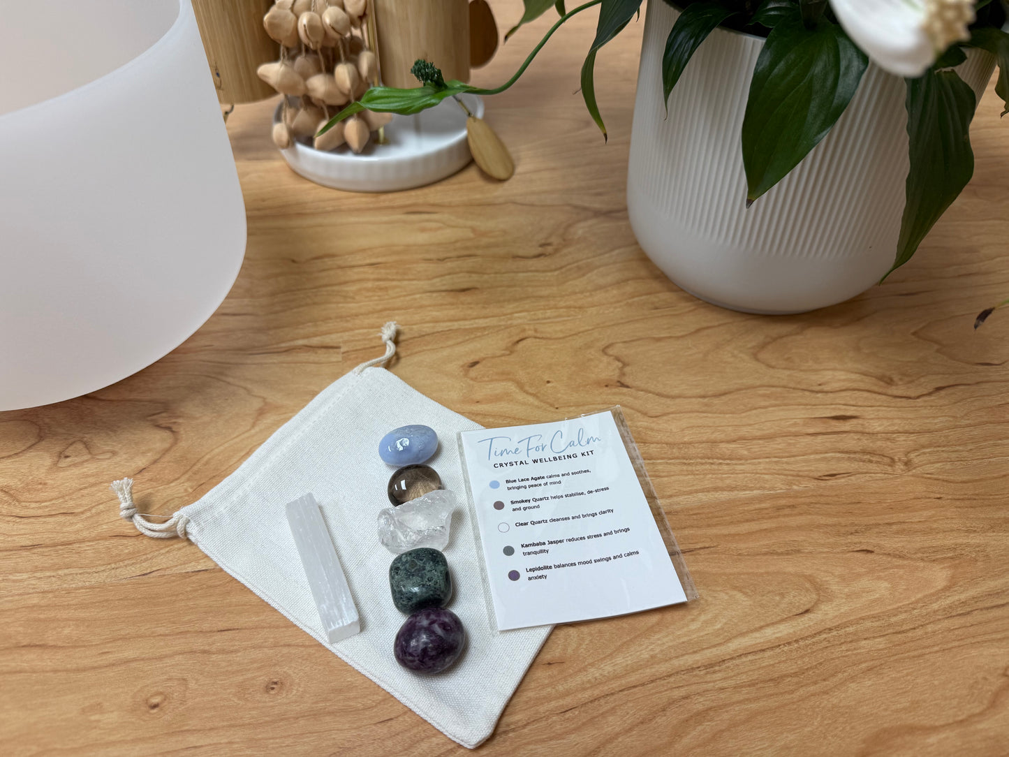 Stress Relief & Anxiety Support | Time For Calm Crystal Kit | Blue Lace Agate, Smokey Quartz, Clear Quartz, Jasper, Lepidolite, Selenite