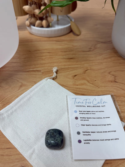 Stress Relief & Anxiety Support | Time For Calm Crystal Kit | Blue Lace Agate, Smokey Quartz, Clear Quartz, Jasper, Lepidolite, Selenite