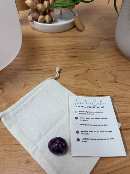 Stress Relief & Anxiety Support | Time For Calm Crystal Kit | Blue Lace Agate, Smokey Quartz, Clear Quartz, Jasper, Lepidolite, Selenite