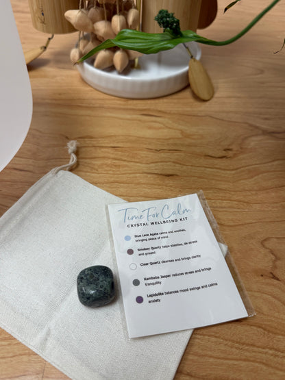 Stress Relief & Anxiety Support | Time For Calm Crystal Kit | Blue Lace Agate, Smokey Quartz, Clear Quartz, Jasper, Lepidolite, Selenite