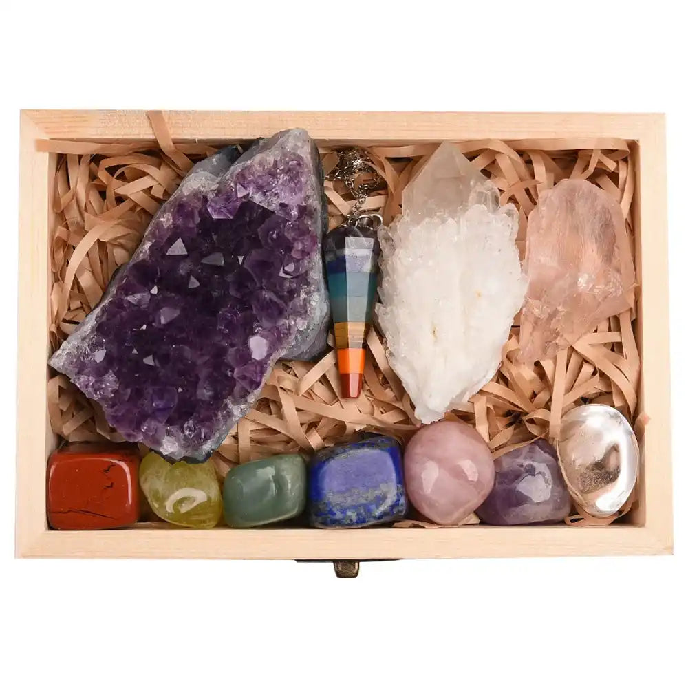 Oneness Ally 11-Piece Chakra Healing Crystal Set with Amethyst & Quartz in Wooden Box bottom view