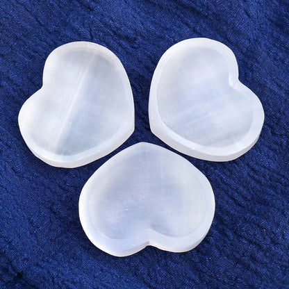 Oneness Ally White Selenite Heart-Shaped Bowl for Healing and Recharging on Hand 3 crystals