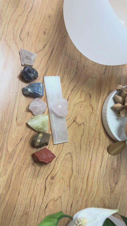 Meditation, Energy Manifestation | Raw Chakra Crystal Kit  | 7 Raw Healing Stones + Selenite & Rose Quartz Heart