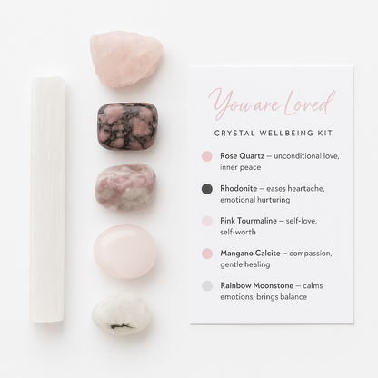 Crystal well-being kit with stones and candles on a white background, featuring a card with crystal information.