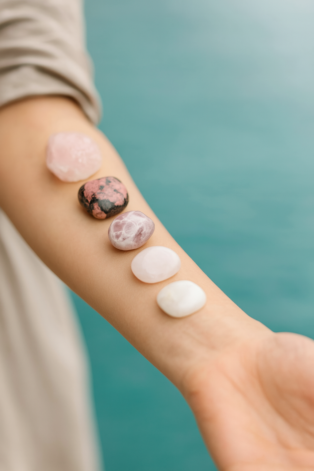 Close-up of a person's arm with various small stones on a blurred background